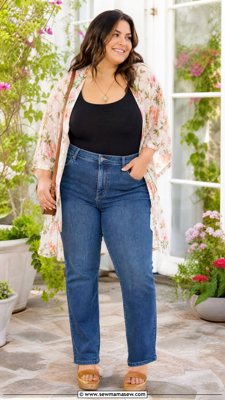 Plus Size Tummy Control Top With Kimono - 20 plus size tummy control top outfit ideas