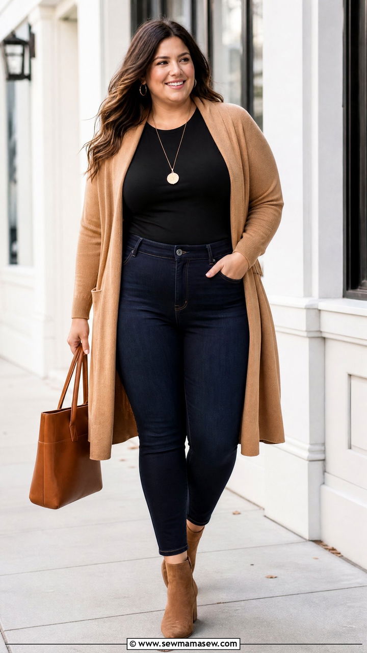 Plus Size Tummy Control Top With Long Cardigan - 20 plus size tummy control top outfit ideas