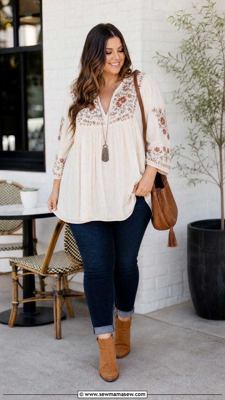 Plus Size Tunic Boho Top With Skinny Jeans - 20 plus size boho top outfit ideas