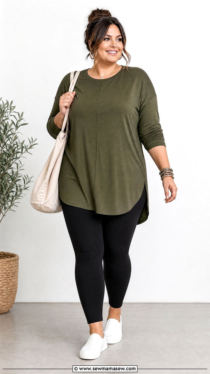 Plus Size Tunic Top With Black Leggings - 20 plus size tops to hide belly outfit ideas