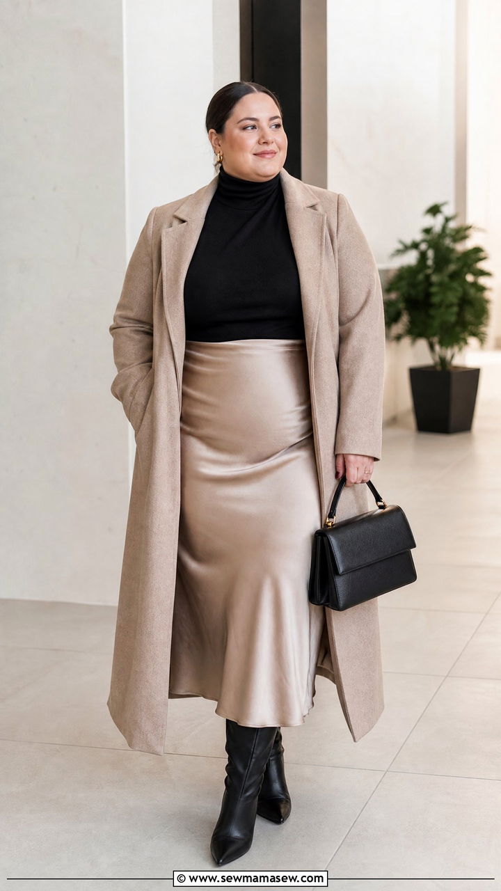 Plus Size Turtleneck Outfit With Slip Skirt - 20 plus size layering outfit ideas