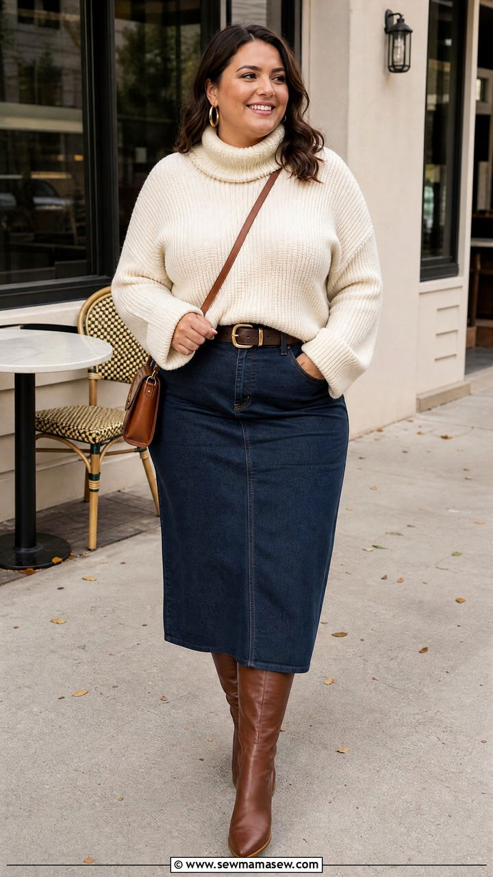 Plus Size Turtleneck Sweater With Denim Skirt - 20 plus size turtleneck sweater outfit ideas