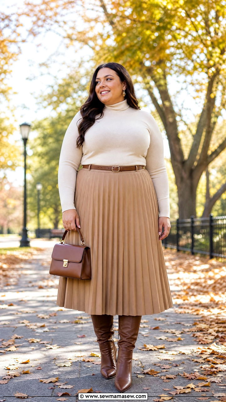 Plus Size Turtleneck Sweater With Midi Skirt - 20 plus size fall sweater outfit ideas