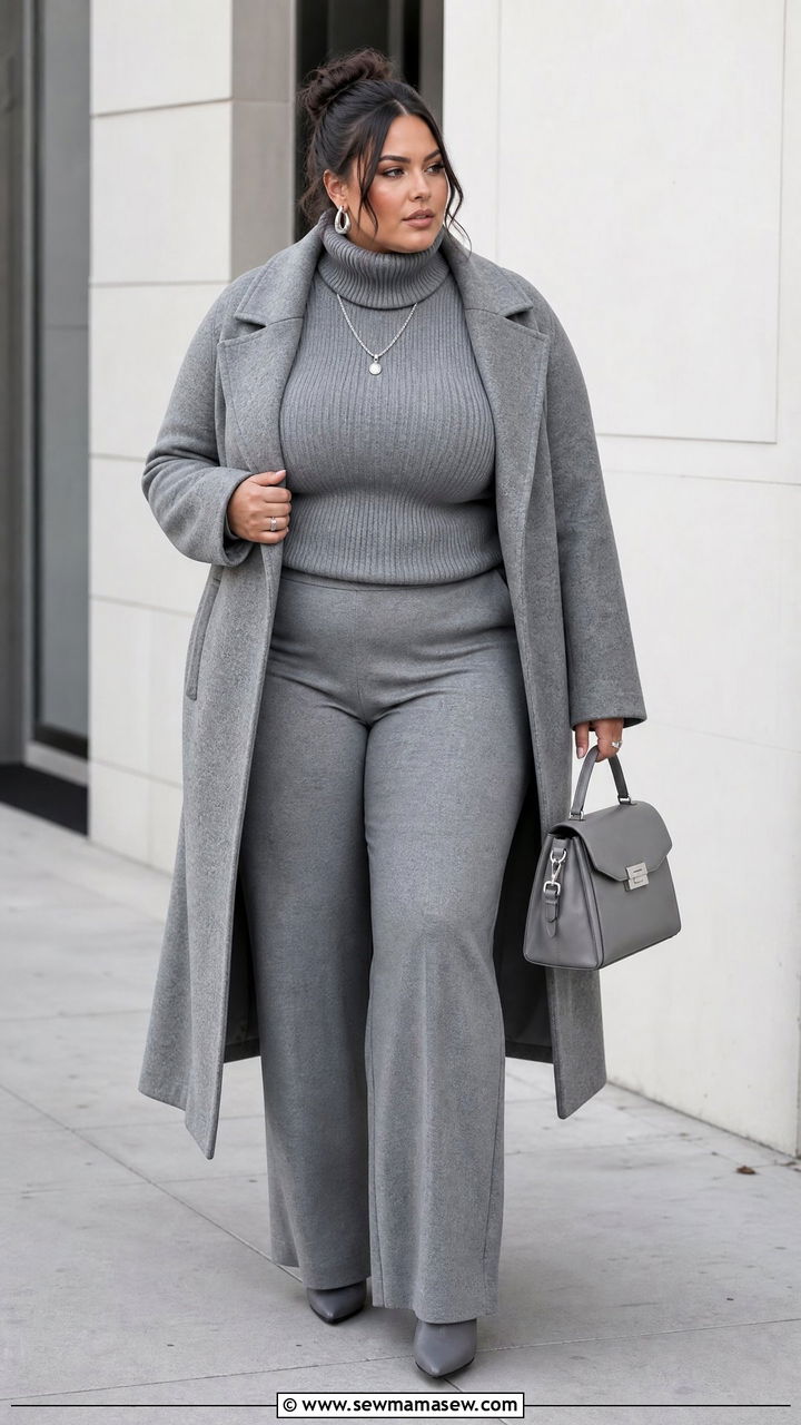 Plus Size Turtleneck Sweater With Monochrome Pants - 20 plus size turtleneck sweater outfit ideas