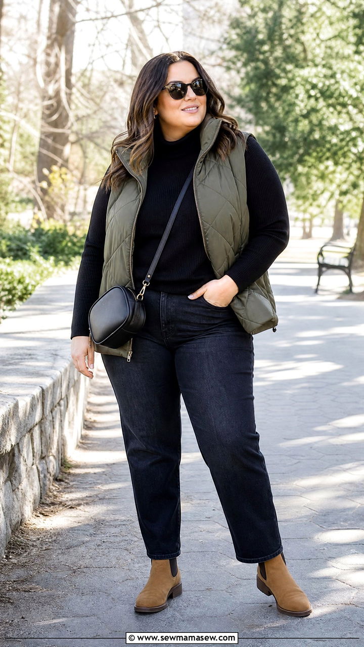 Plus Size Turtleneck Sweater With Puffer Vest - 20 plus size turtleneck sweater outfit ideas