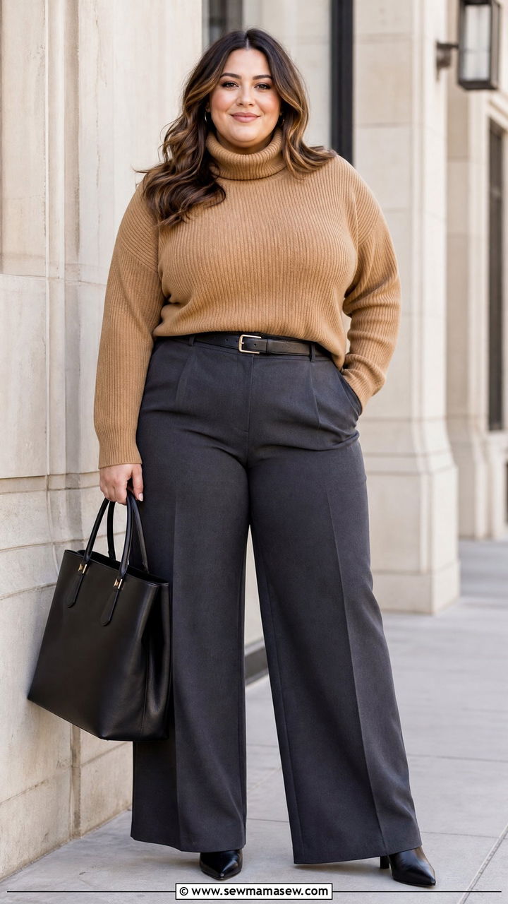 Plus Size Turtleneck Sweater With Wide Leg Pants - 20 plus size sweater weather outfit ideas