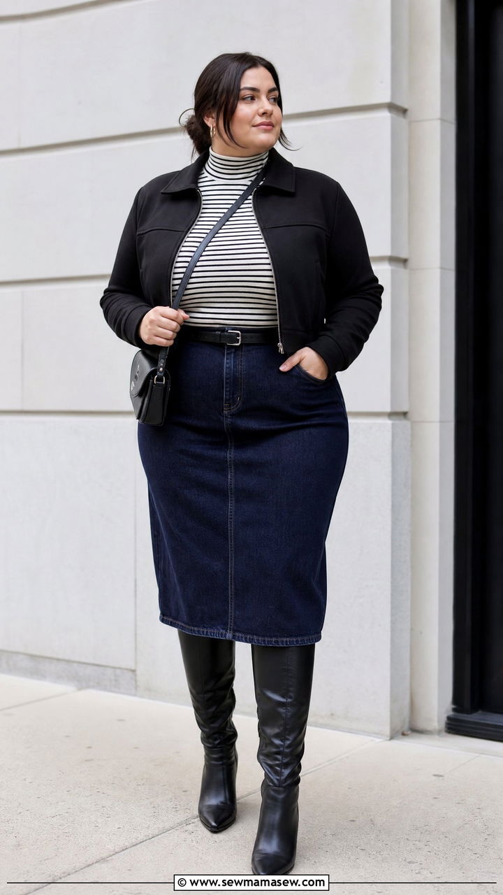 Plus Size Turtleneck Top With Denim Skirt - 20 plus size turtleneck top outfit ideas