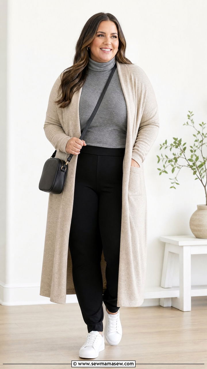 Plus Size Turtleneck Top With Long Cardigan - 20 plus size turtleneck top outfit ideas