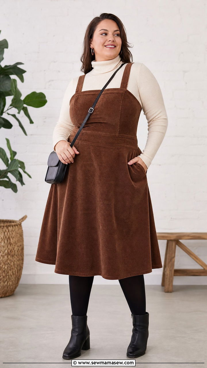 Plus Size Turtleneck Top With Pinafore Dress - 20 plus size turtleneck top outfit ideas