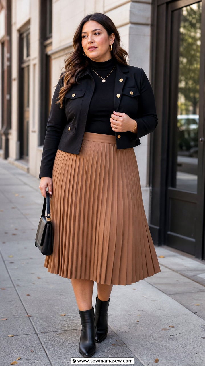Plus Size Turtleneck Top With Pleated Skirt - 20 plus size turtleneck top outfit ideas