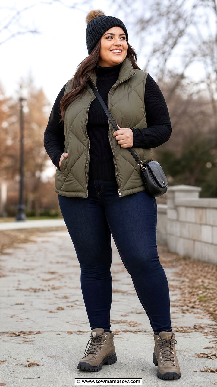Plus Size Turtleneck Top With Puffer Vest - 20 plus size turtleneck top outfit ideas