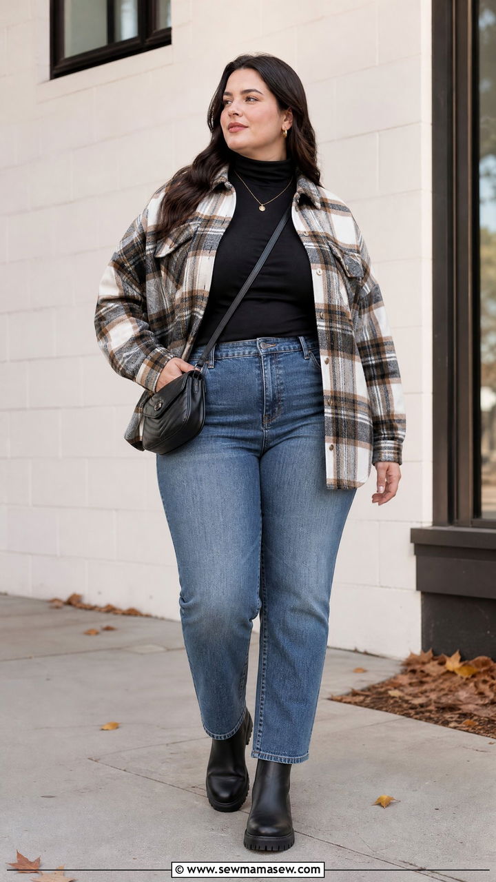 Plus Size Turtleneck Top With Shirt Jacket - 20 plus size turtleneck top outfit ideas