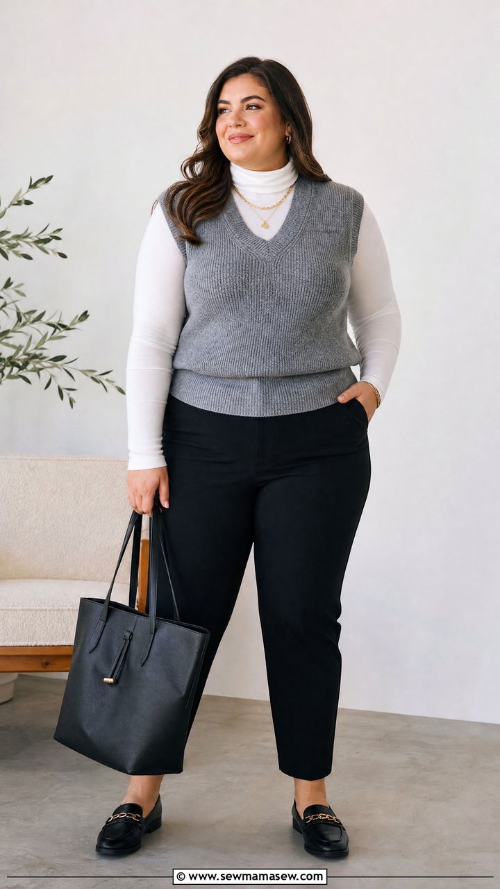 Plus Size Turtleneck Top With Sweater Vest - 20 plus size turtleneck top outfit ideas