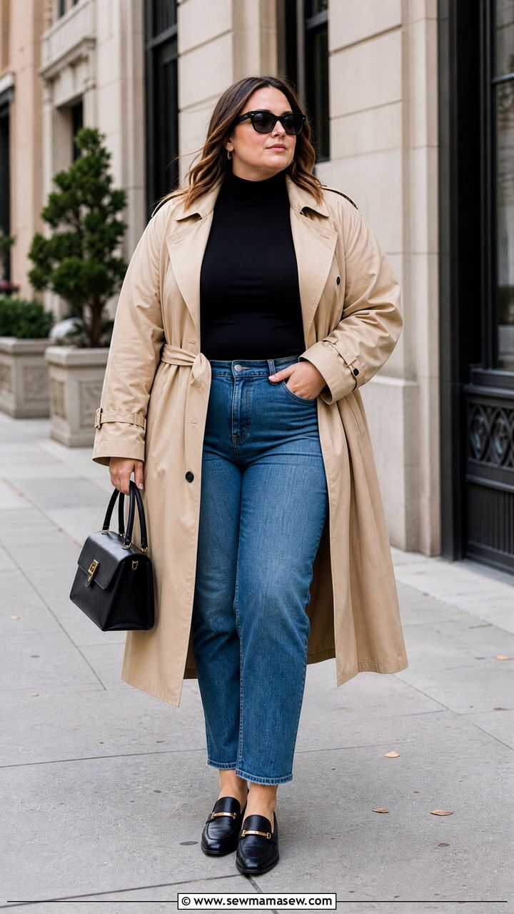 Plus Size Turtleneck Top With Trench Coat - 20 plus size turtleneck top outfit ideas