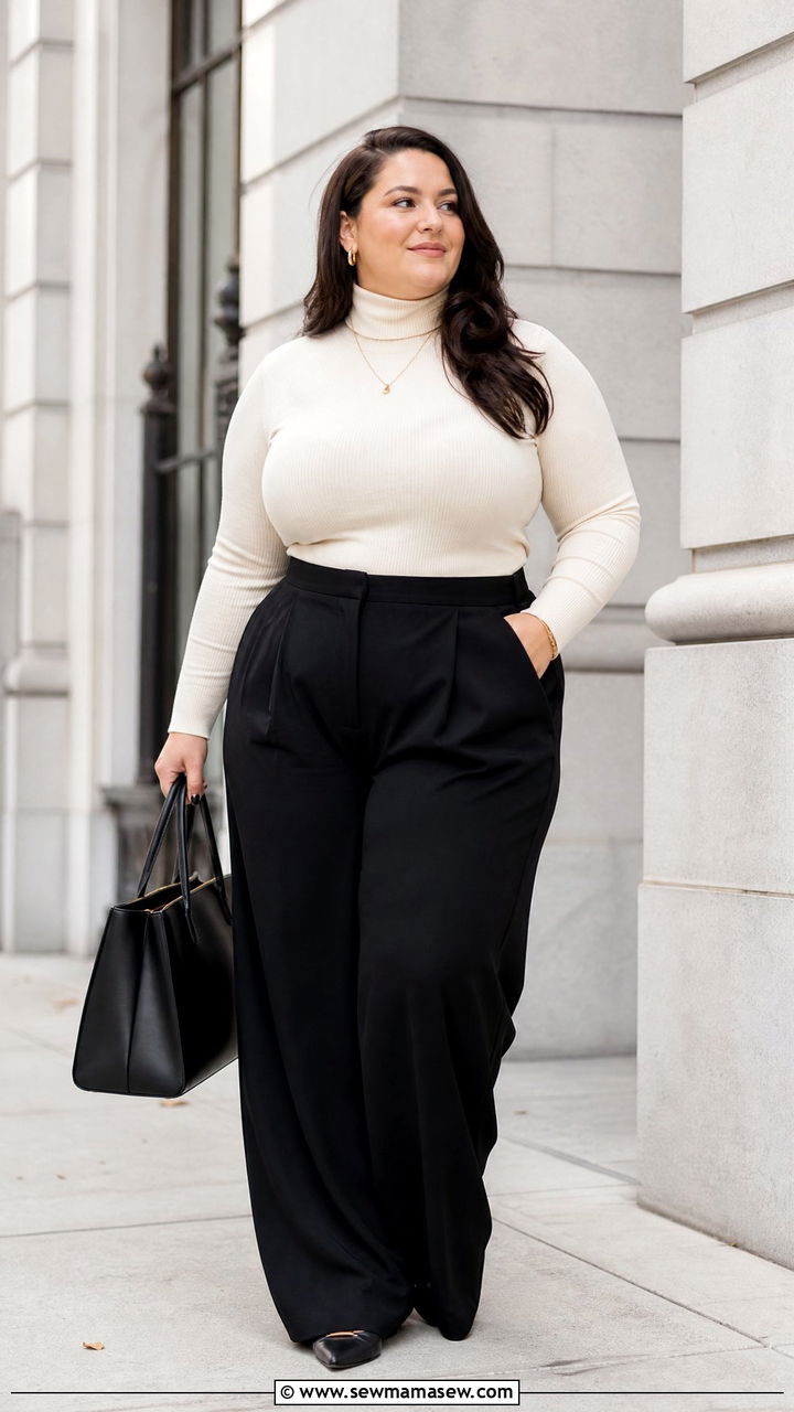 Plus Size Turtleneck Top With Wide Leg Pants - 20 plus size turtleneck top outfit ideas