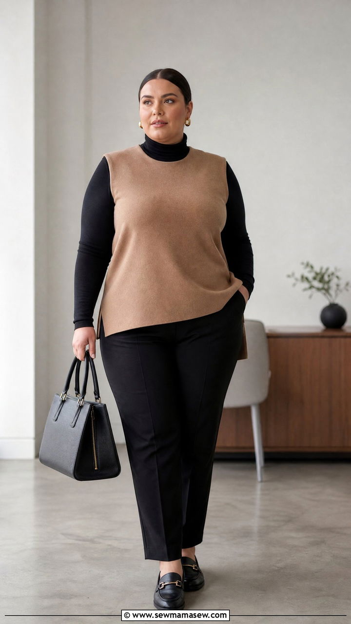 Plus Size Turtleneck Under Sleeveless Top Outfit - 20 plus size layered top outfit ideas