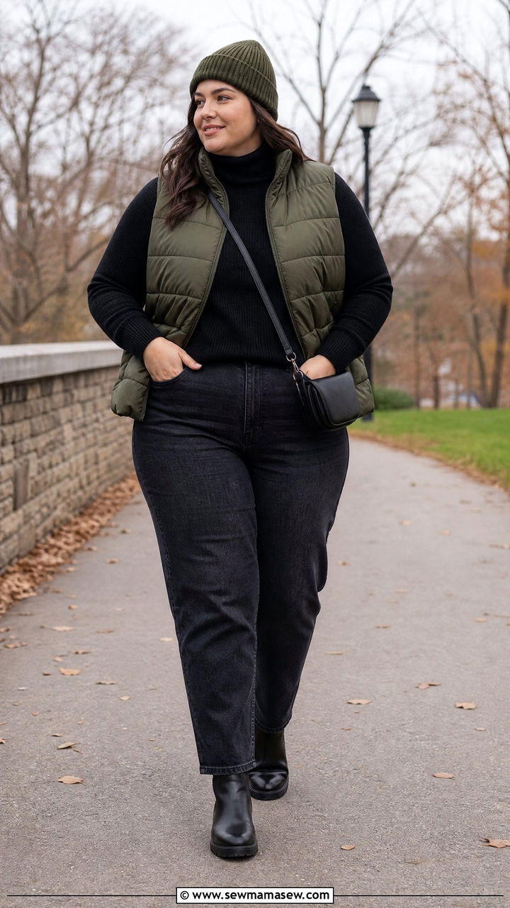 Plus Size Turtleneck With Puffer Vest Outfit - 20 plus size layered fall outfit ideas