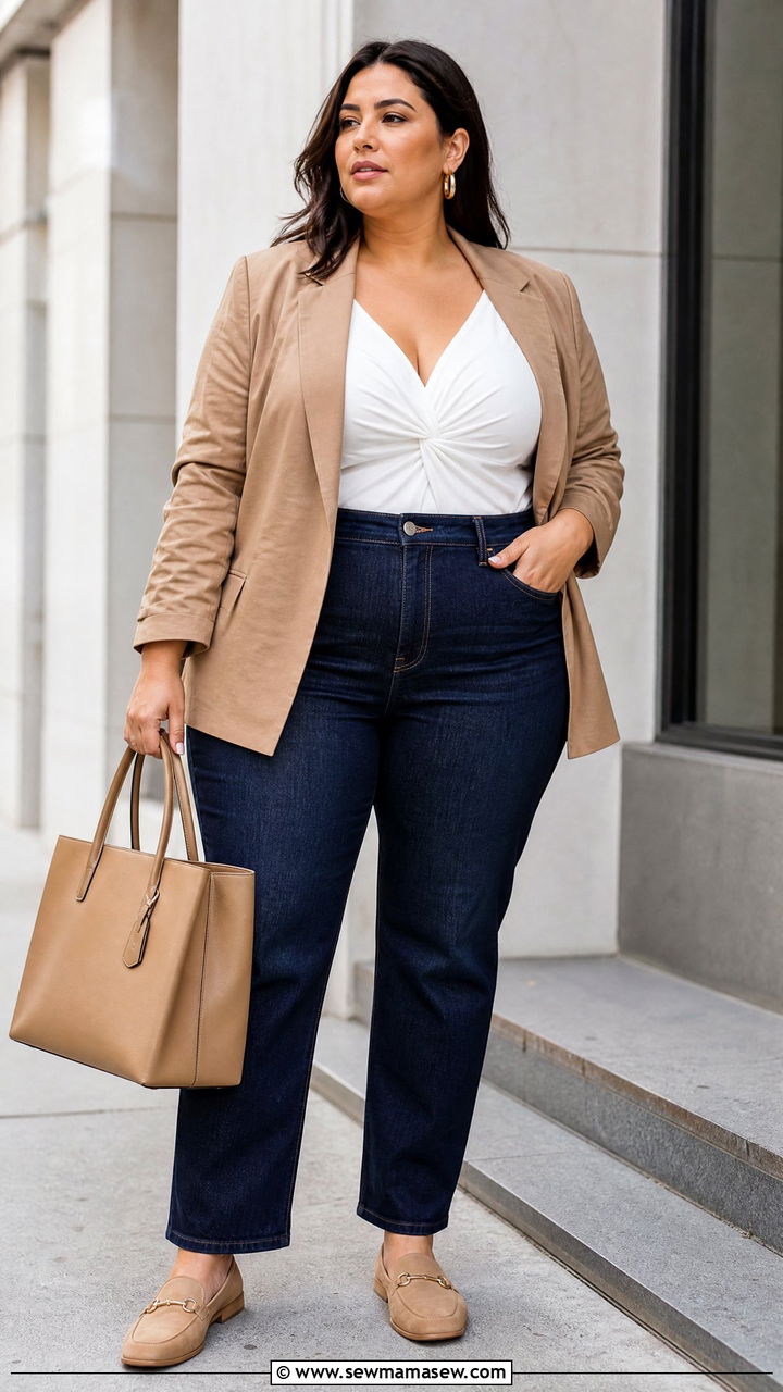 Plus Size Twist Front Top With Blazer And Jeans - 20 plus size twist front top outfit ideas
