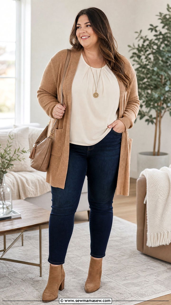 Plus Size Twist Front Top With Cardigan And Jeans - 20 plus size twist front top outfit ideas