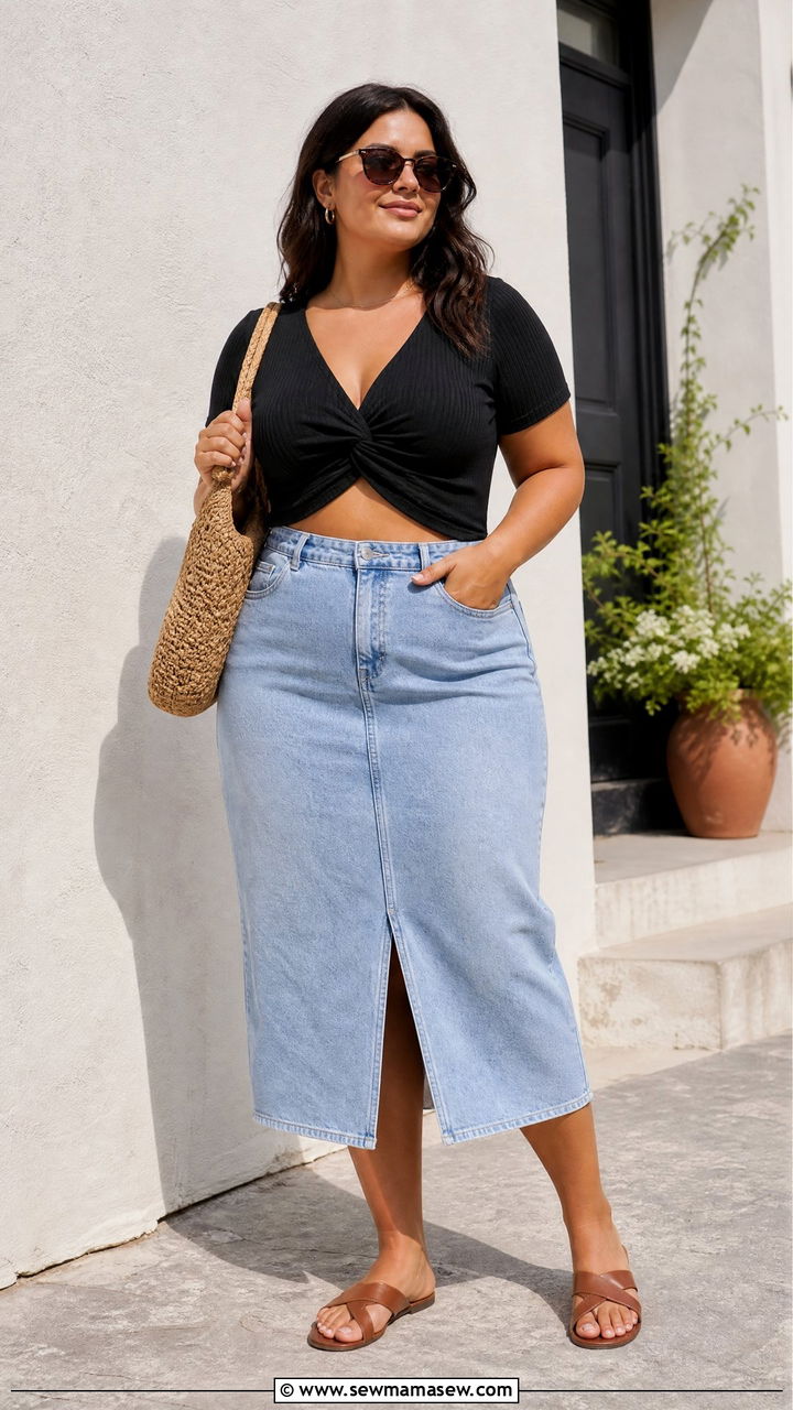 Plus Size Twist Front Top With Denim Skirt - 20 plus size twist front top outfit ideas