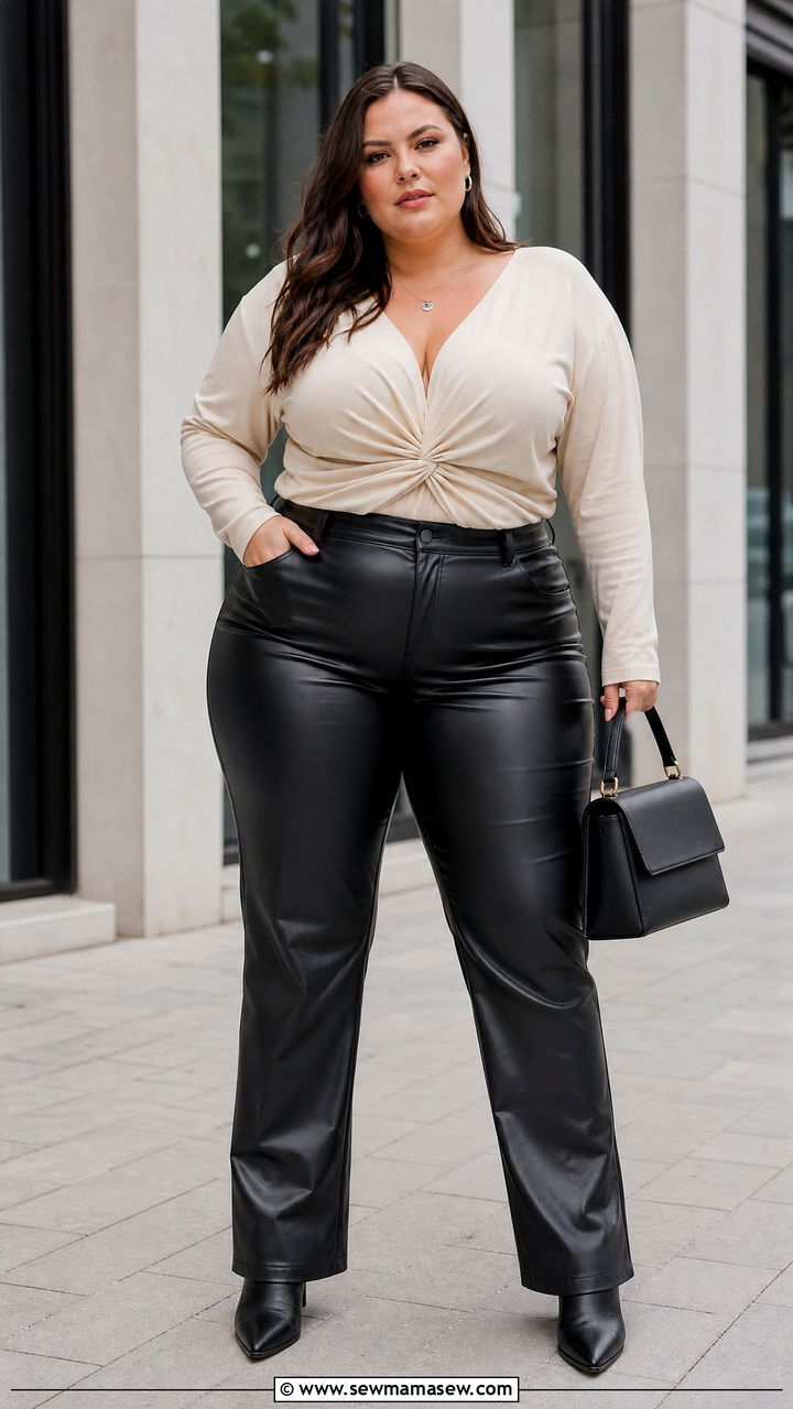 Plus Size Twist Front Top With Leather Pants - 20 plus size twist front top outfit ideas