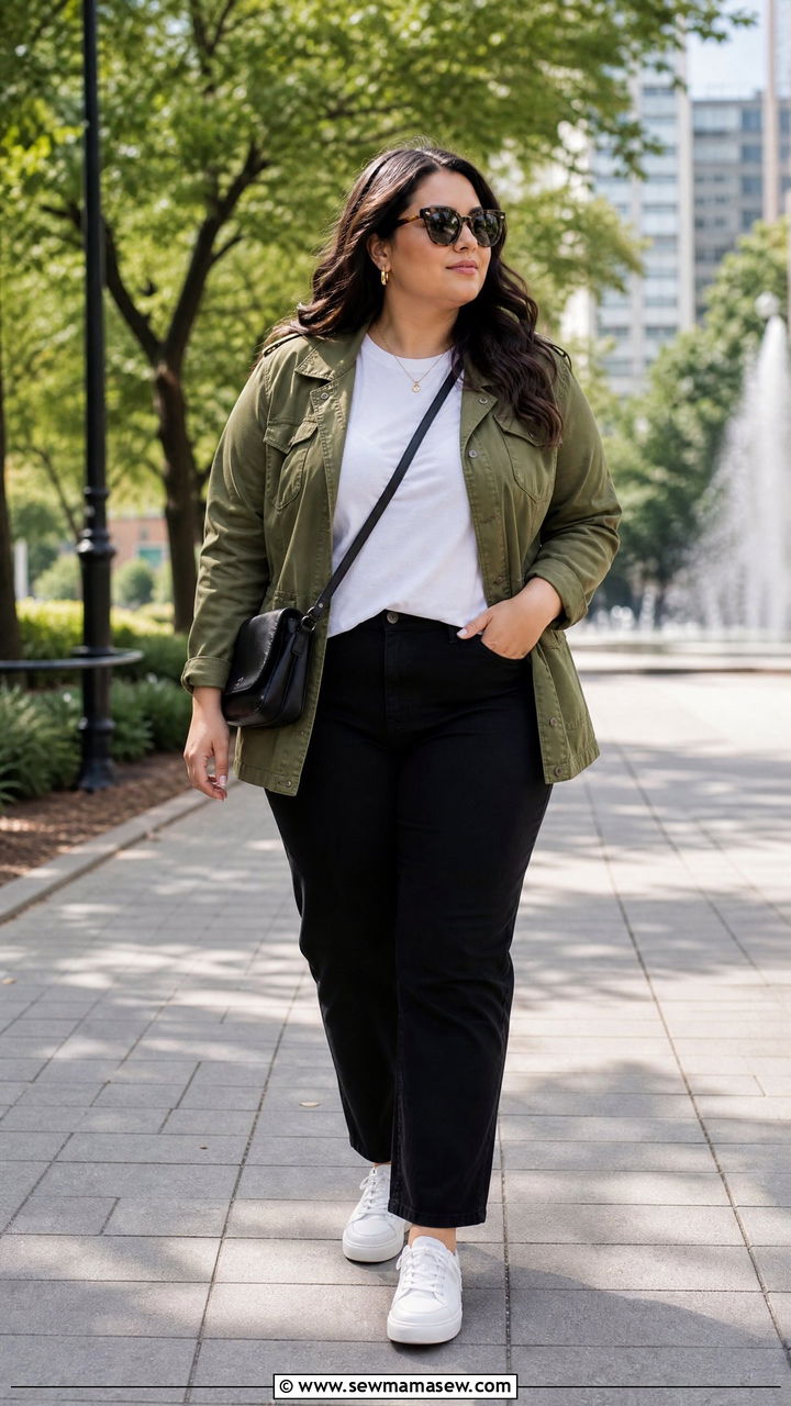 Plus Size Utility Jacket And Black Jeans Outfit - 20 plus size outfits for women over 30