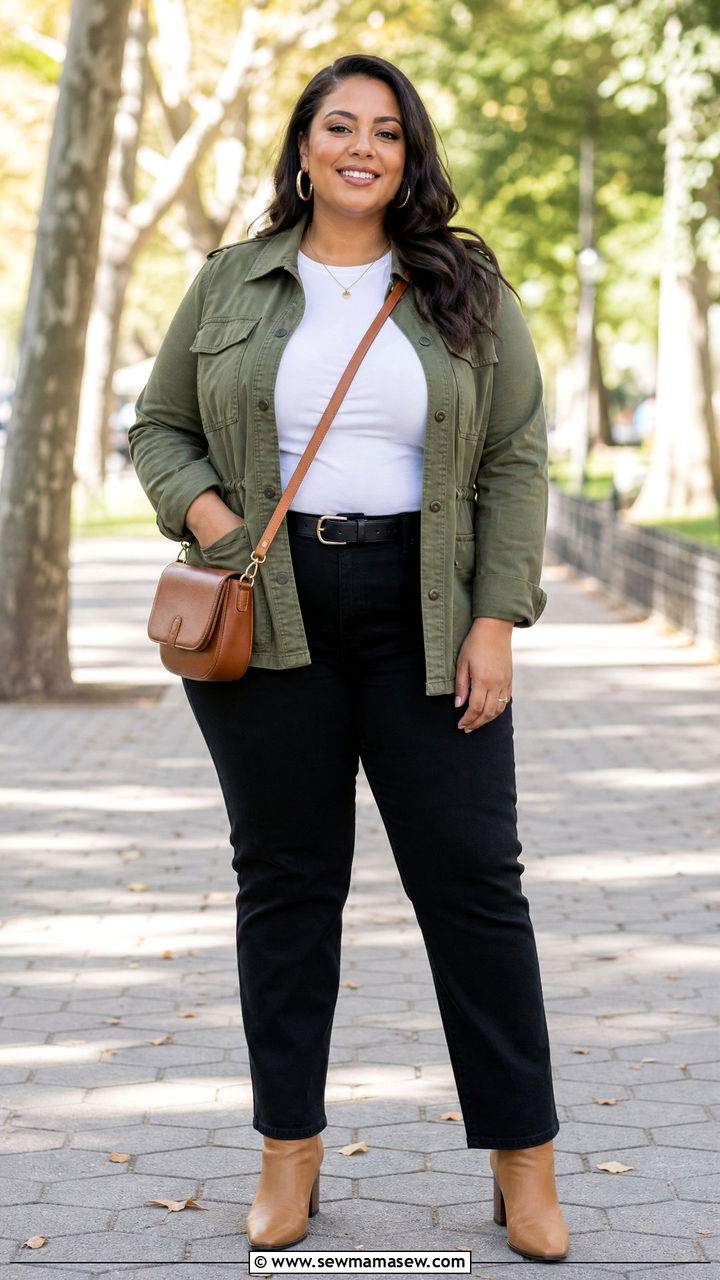 Plus Size Utility Jacket And Black Jeans Outfit - 20 plus size transitional fall outfits