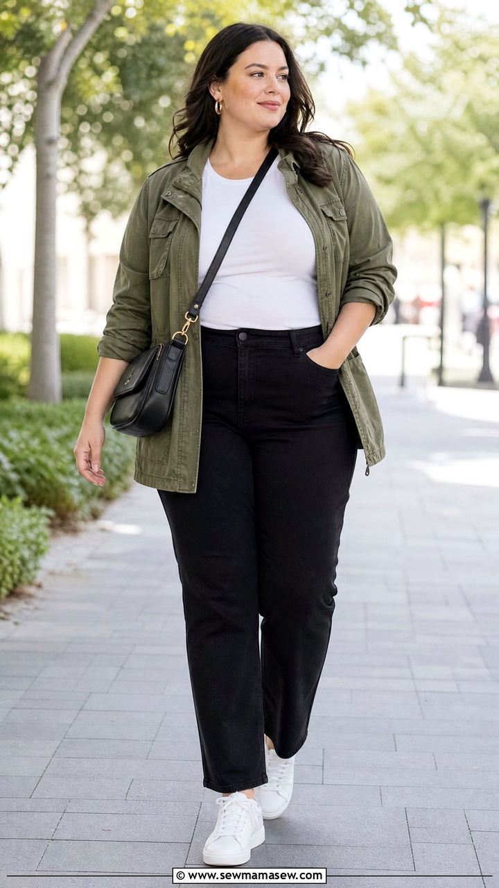 Plus Size Utility Jacket And Black Jeans Outfit - 20 effortless plus size outfit ideas