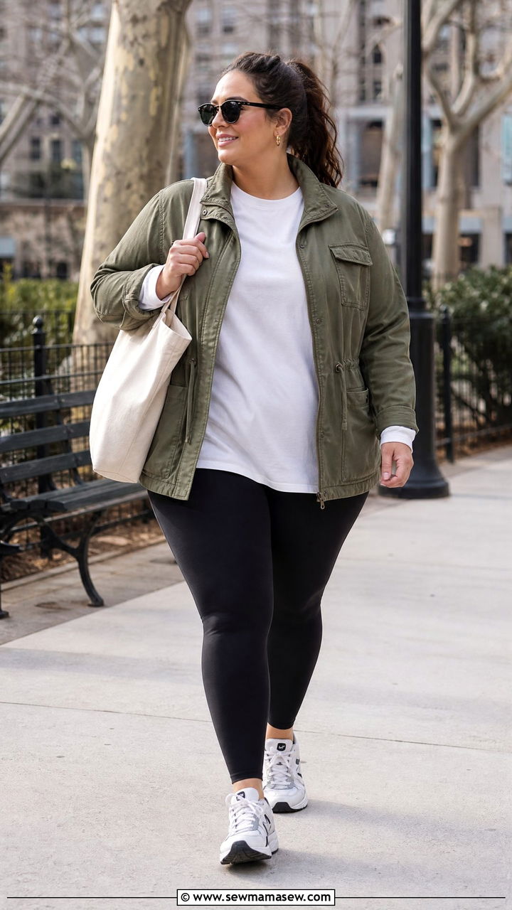 Plus Size Utility Jacket And Black Leggings Outfit - 20 comfy plus size outfit ideas