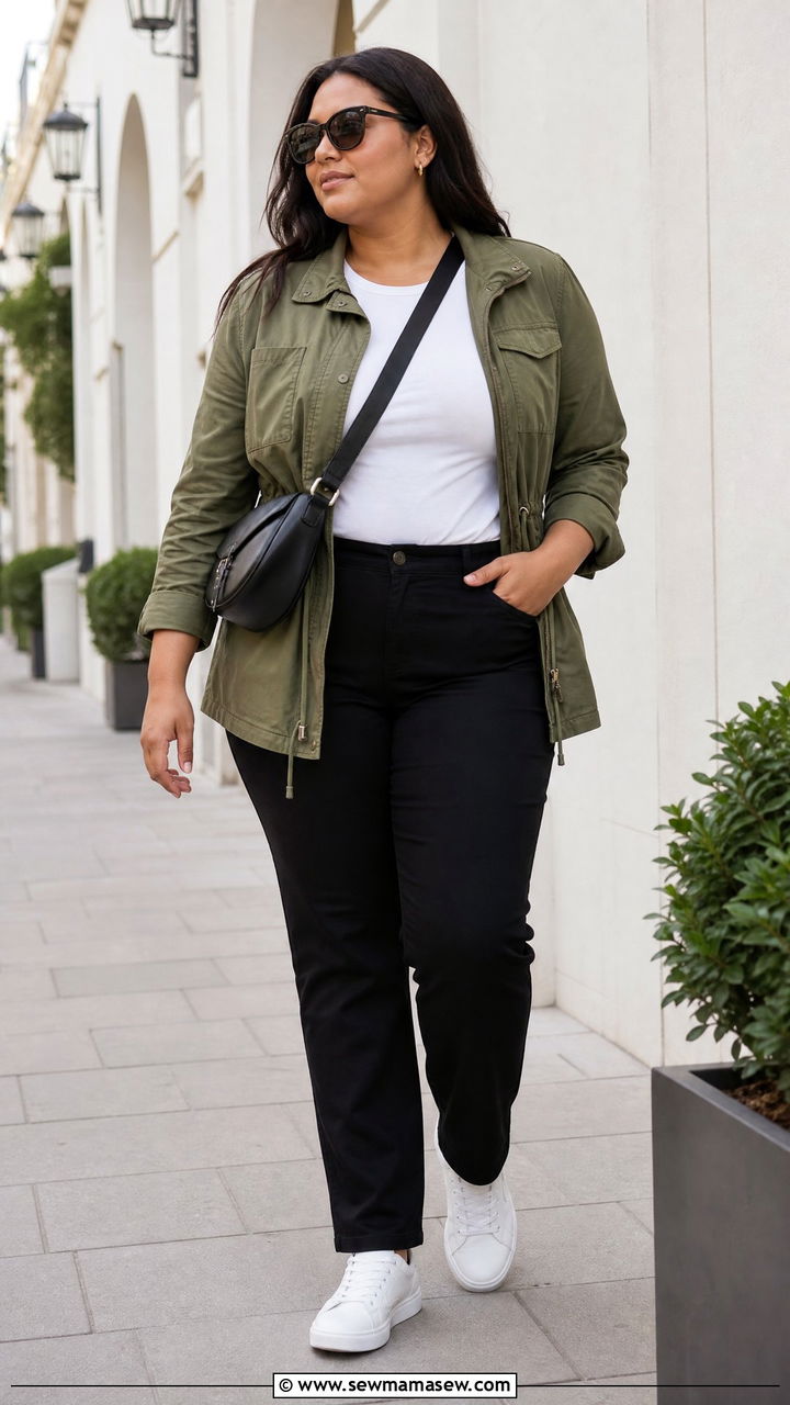 Plus Size Utility Jacket And Black Pants Outfit - 20 plus size outfits to balance proportions