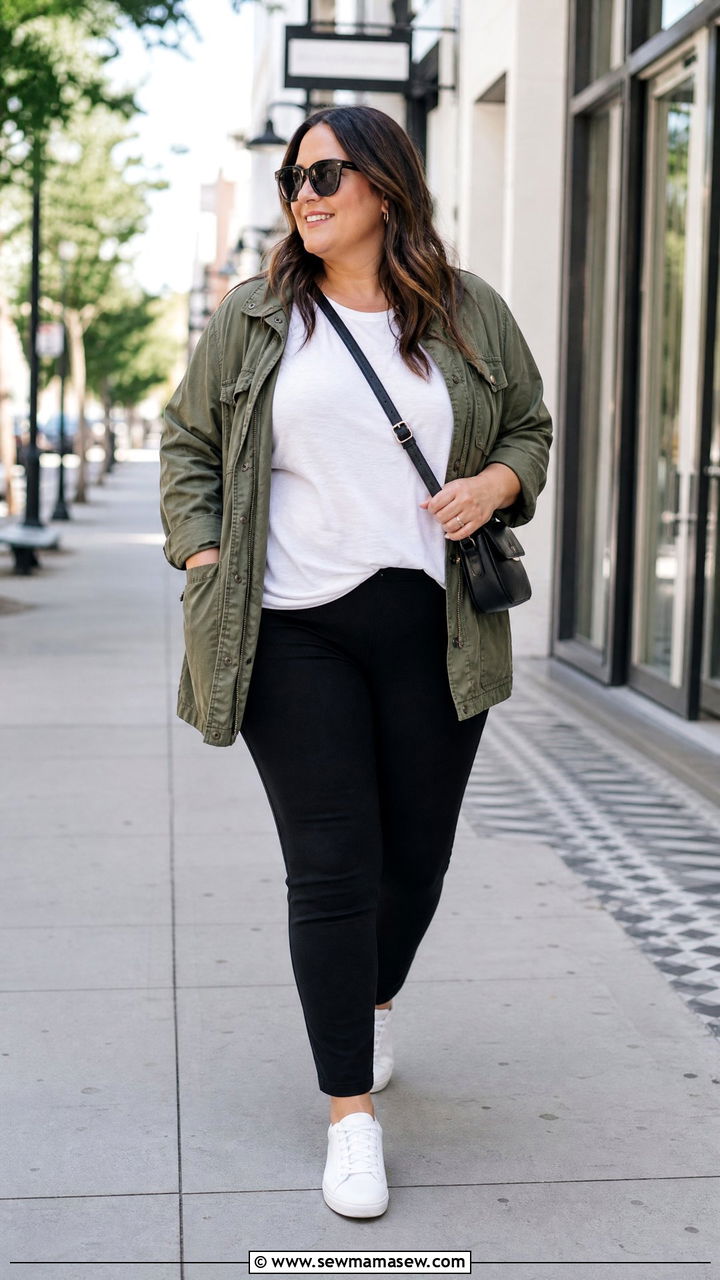 Plus Size Utility Jacket And Black Pants Outfit - 20 plus size outfits for big belly