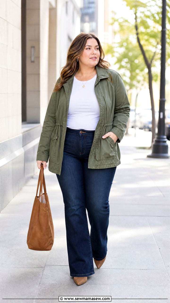 Plus Size Utility Jacket And Bootcut Jeans Outfit - 20 plus size outfits for rectangle shape