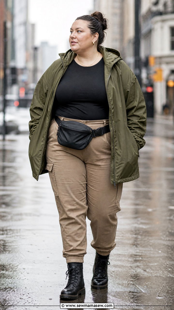 Plus Size Utility Jacket And Cargo Pants Outfit - 20 plus size rainy day outfit ideas