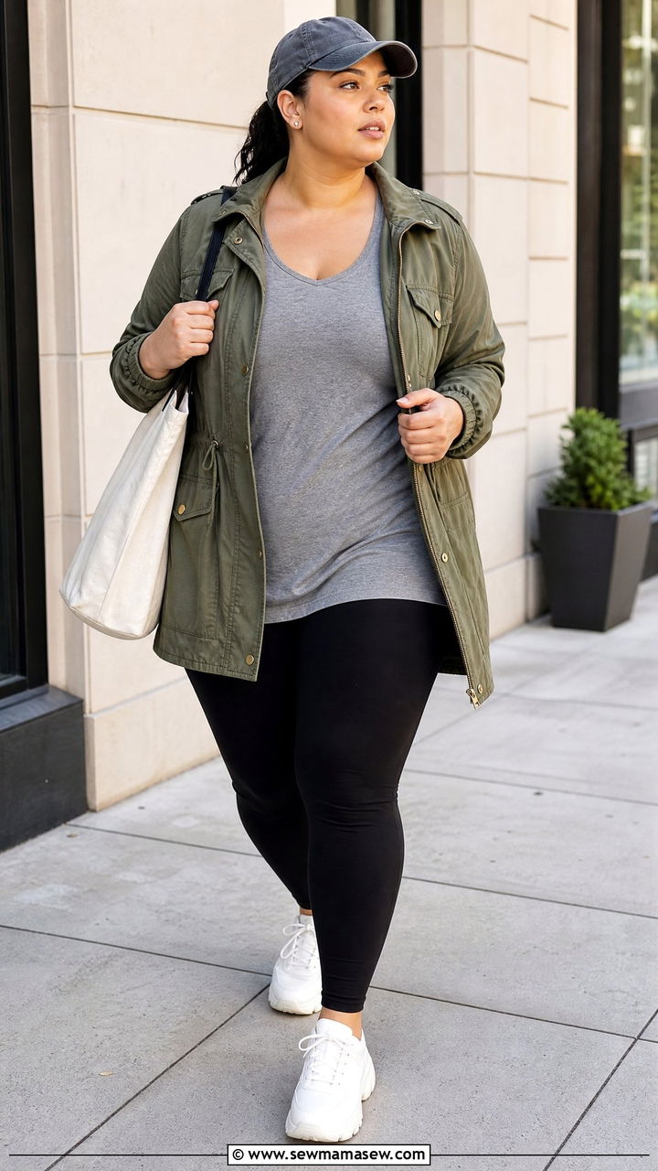 Plus Size Utility Jacket And Leggings Outfit - 20 plus size outfits to hide tummy