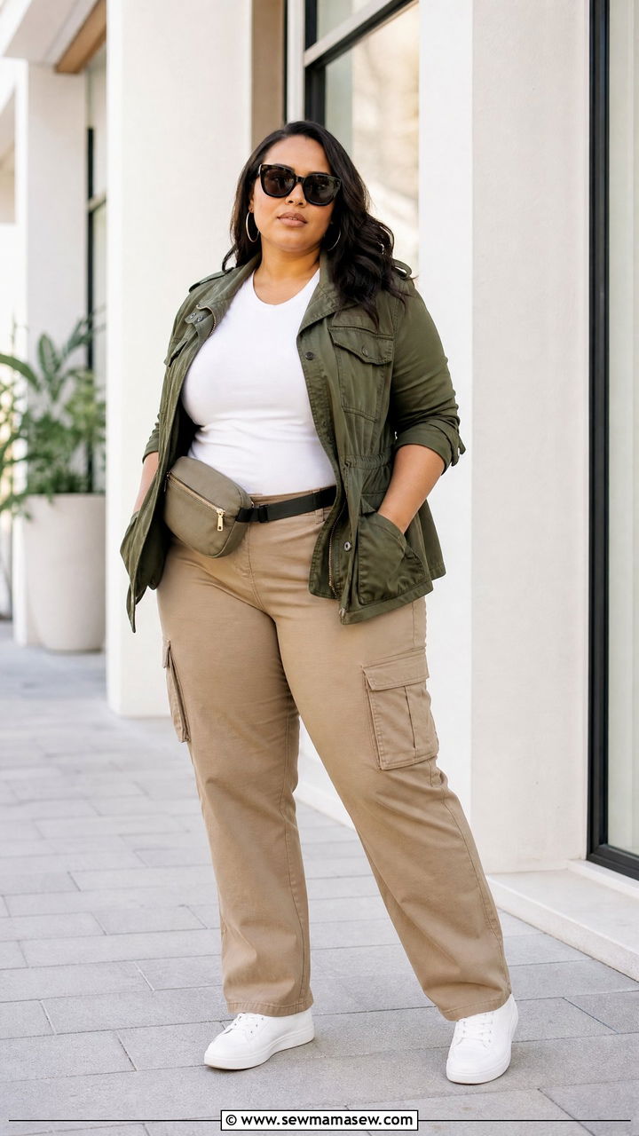 Plus Size Utility Jacket Outfit With Cargo Pants - 20 plus size layering outfit ideas