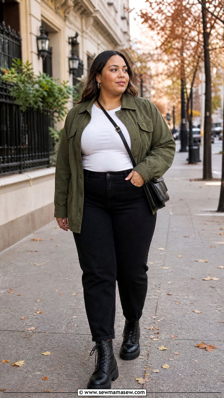Plus Size Utility Jacket With Black Jeans And Boots - 20 plus size fall outfit ideas with boots