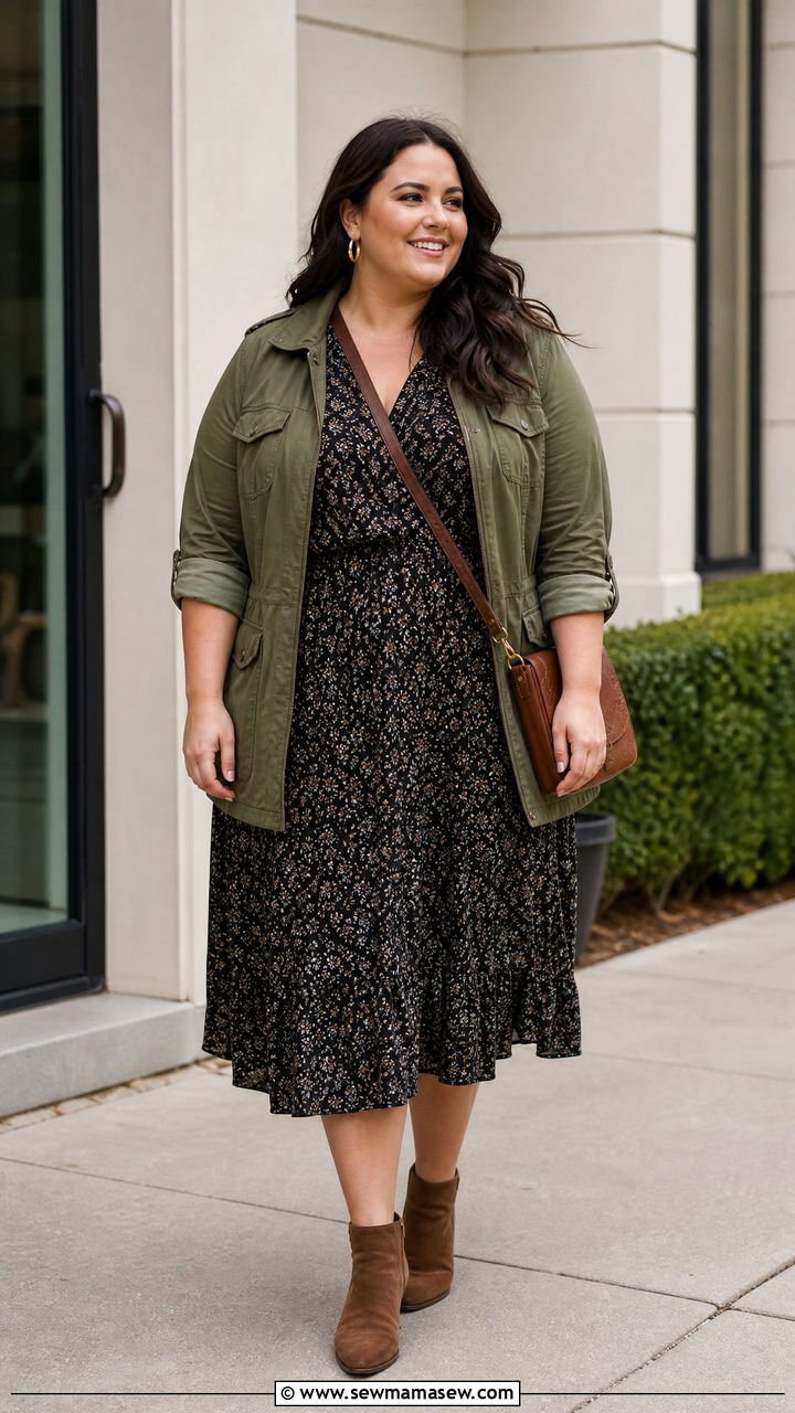 Plus Size Utility Jacket With Midi Dress - 20 plus size fall fashion outfit ideas