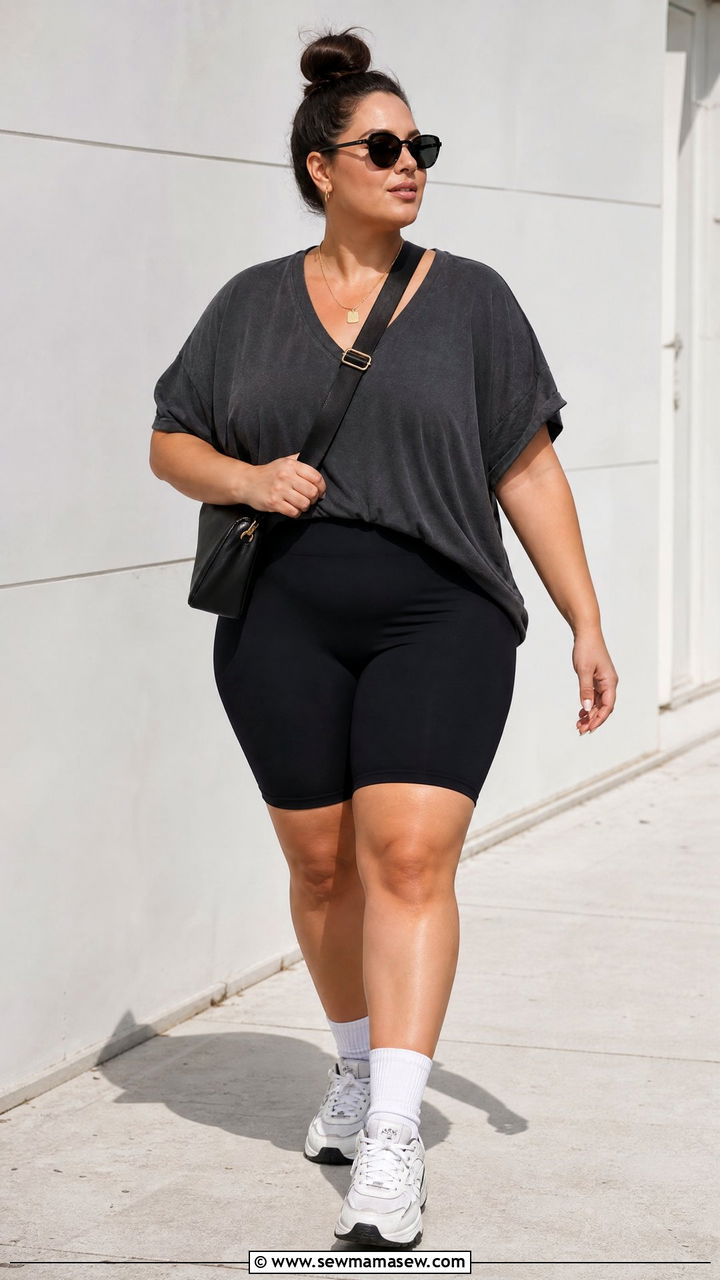 Plus Size V Neck T Shirt With Bike Shorts - 20 plus size v neck t shirt outfit ideas