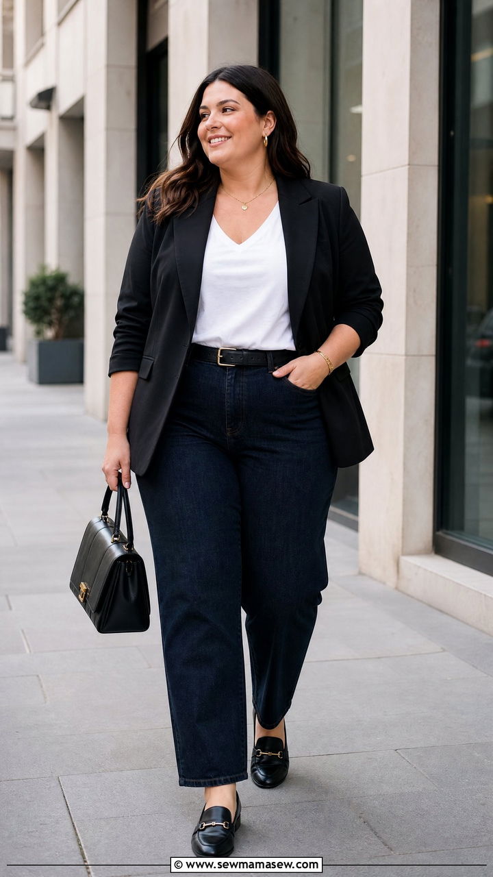 Plus Size V Neck T Shirt With Black Blazer - 20 plus size v neck t shirt outfit ideas