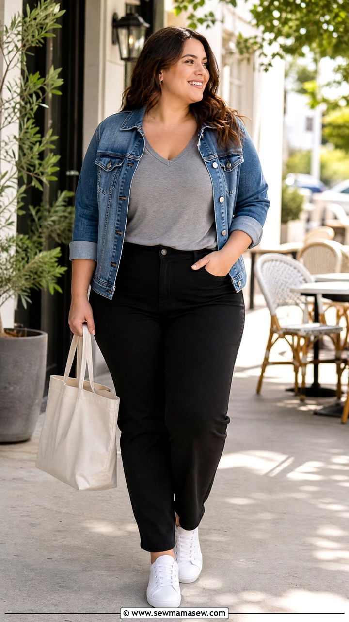 Plus Size V Neck T Shirt With Denim Jacket - 20 plus size v neck t shirt outfit ideas