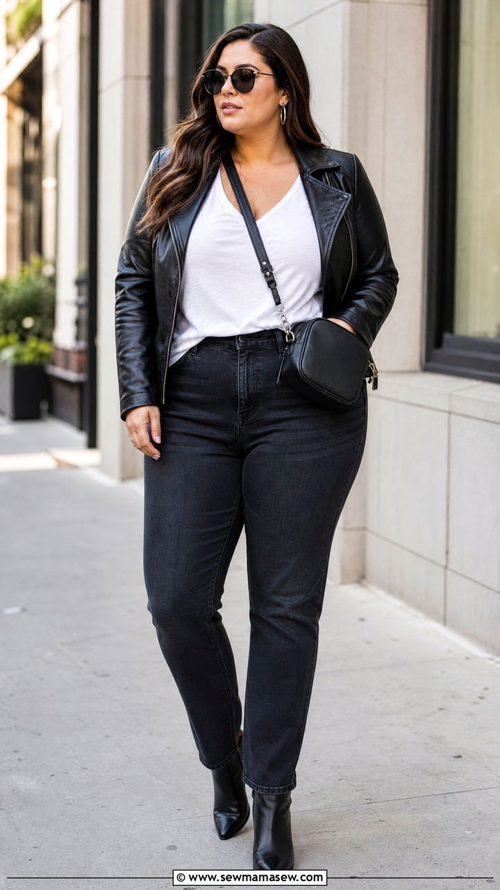 Plus Size V Neck T Shirt With Leather Jacket - 20 plus size v neck t shirt outfit ideas