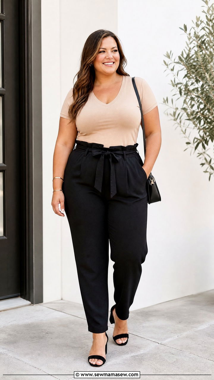 Plus Size V Neck T Shirt With Paper Bag Pants - 20 plus size v neck t shirt outfit ideas