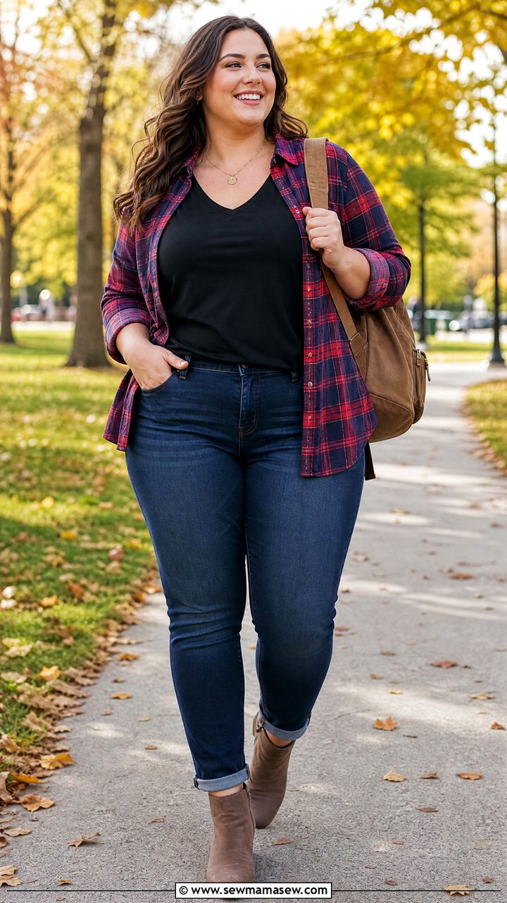 Plus Size V Neck T Shirt With Plaid Shirt - 20 plus size v neck t shirt outfit ideas