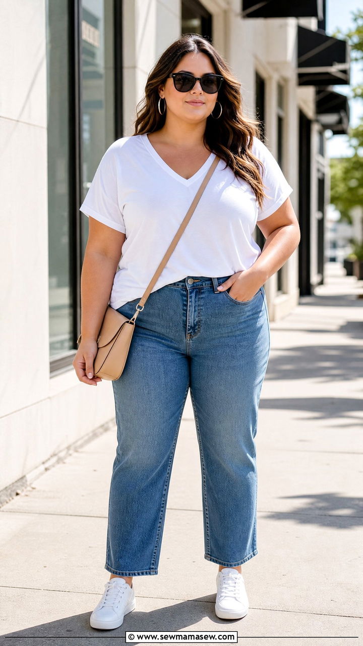 Plus Size V Neck T Shirt With Straight Leg Jeans - 20 plus size v neck t shirt outfit ideas