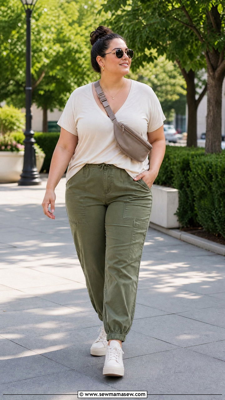 Plus Size V Neck T Shirt With Utility Pants - 20 plus size v neck t shirt outfit ideas