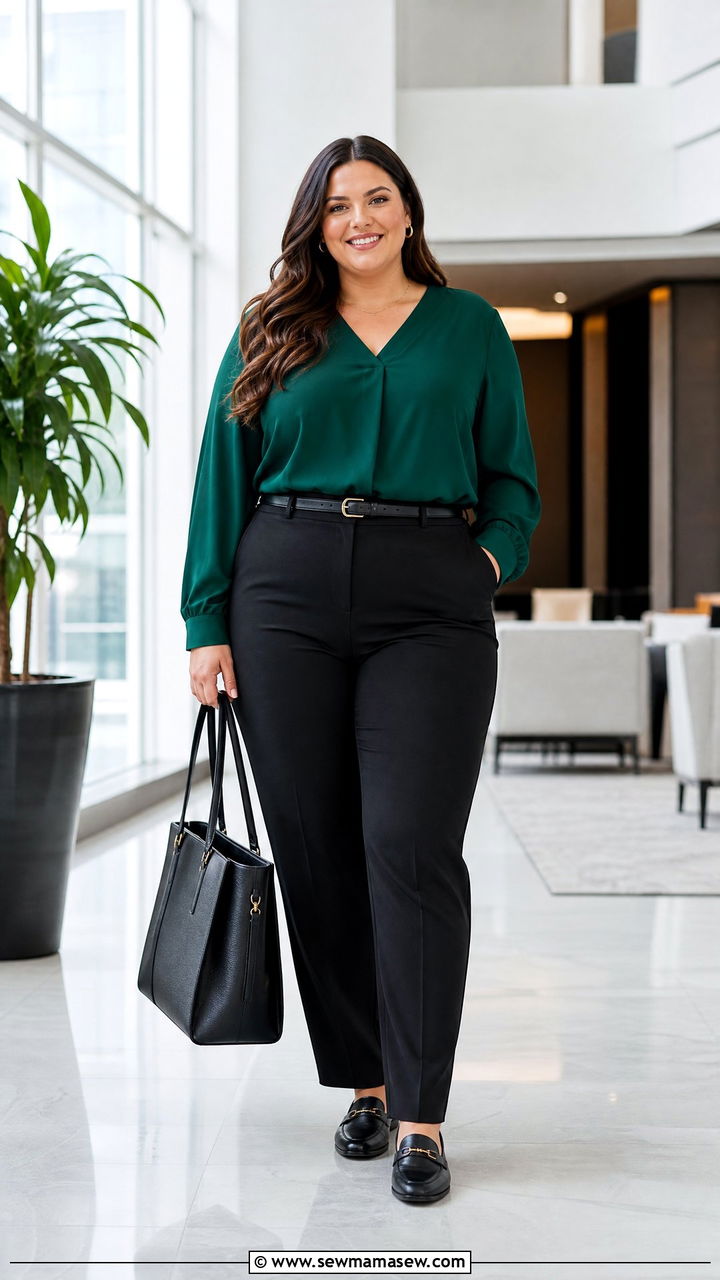 Plus Size V Neck Top With Black Trousers - 20 plus size v neck top outfit ideas