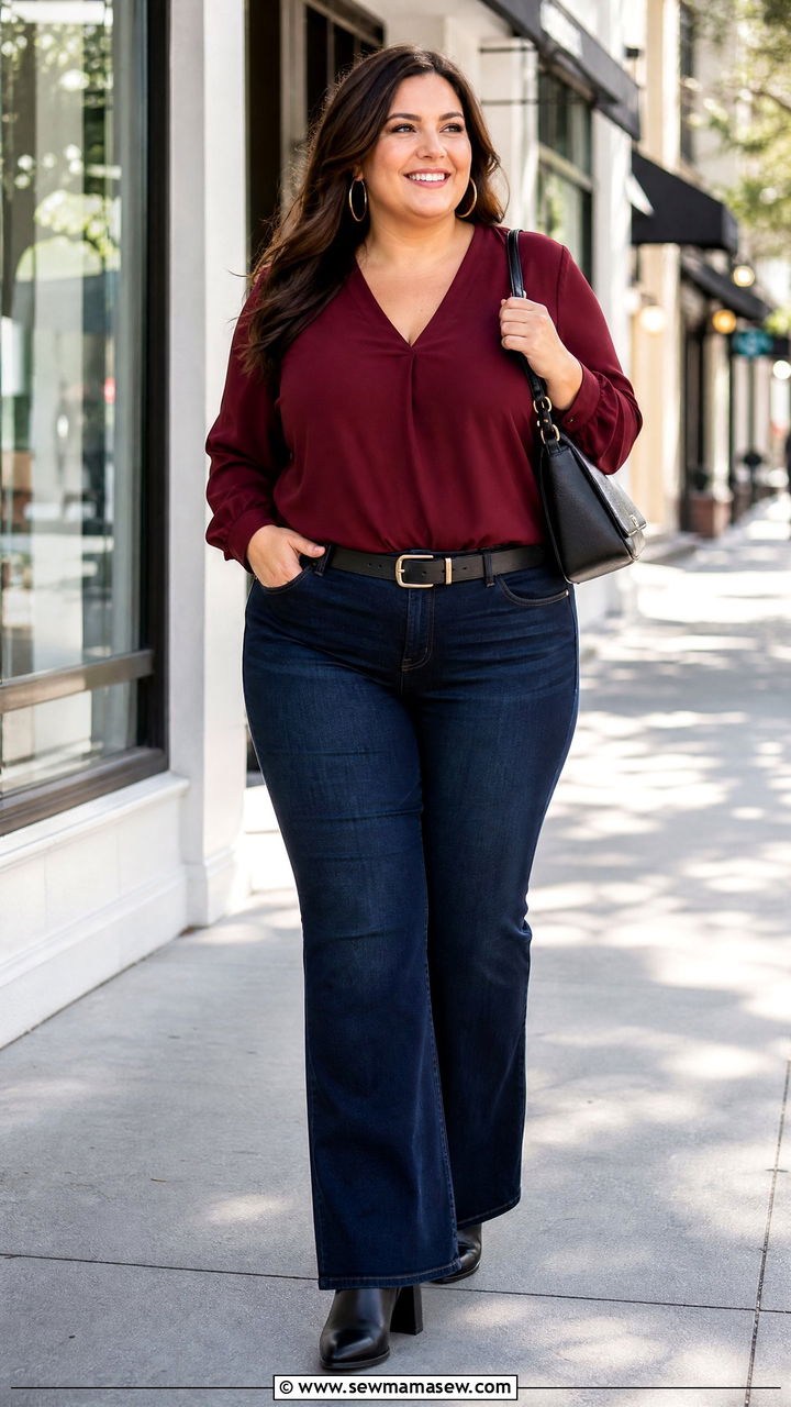 Plus Size V Neck Top With Bootcut Jeans - 20 plus size v neck top outfit ideas