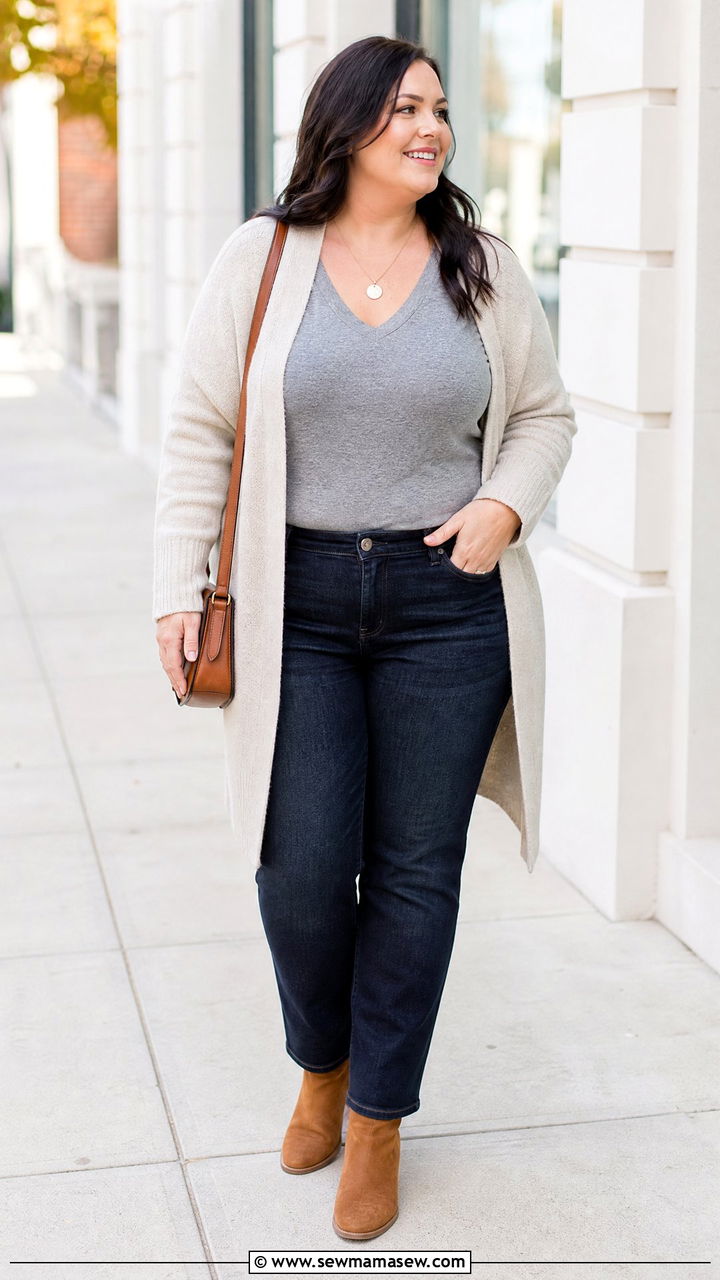 Plus Size V Neck Top With Cardigan And Jeans - 20 plus size v neck top outfit ideas