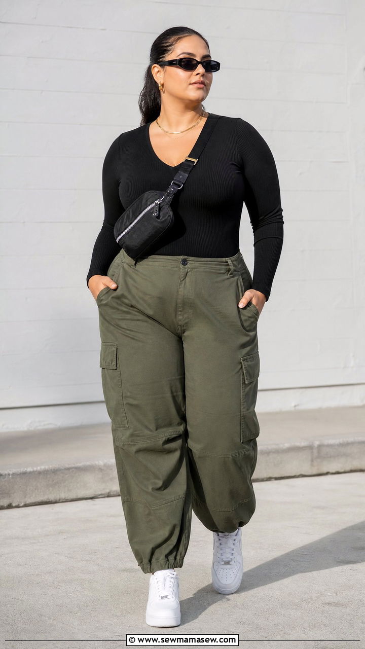 Plus Size V Neck Top With Cargo Pants - 20 plus size v neck top outfit ideas