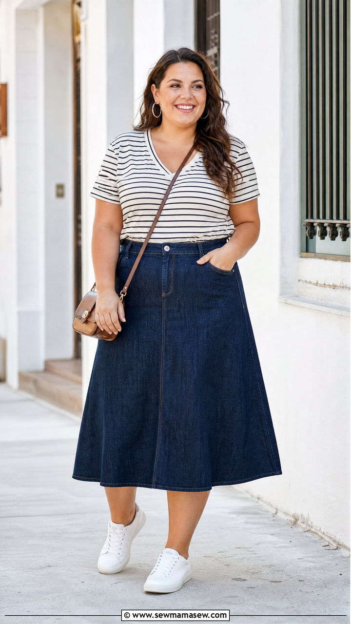 Plus Size V Neck Top With Denim Skirt - 20 plus size v neck top outfit ideas